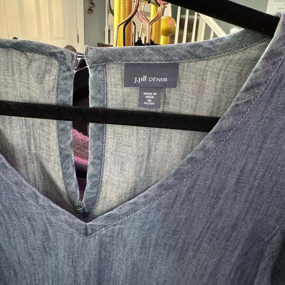 J. Jill Denim Embroidered Indigo Peasant Dress Women's Sz Medium Petite - Picture 4 of 8